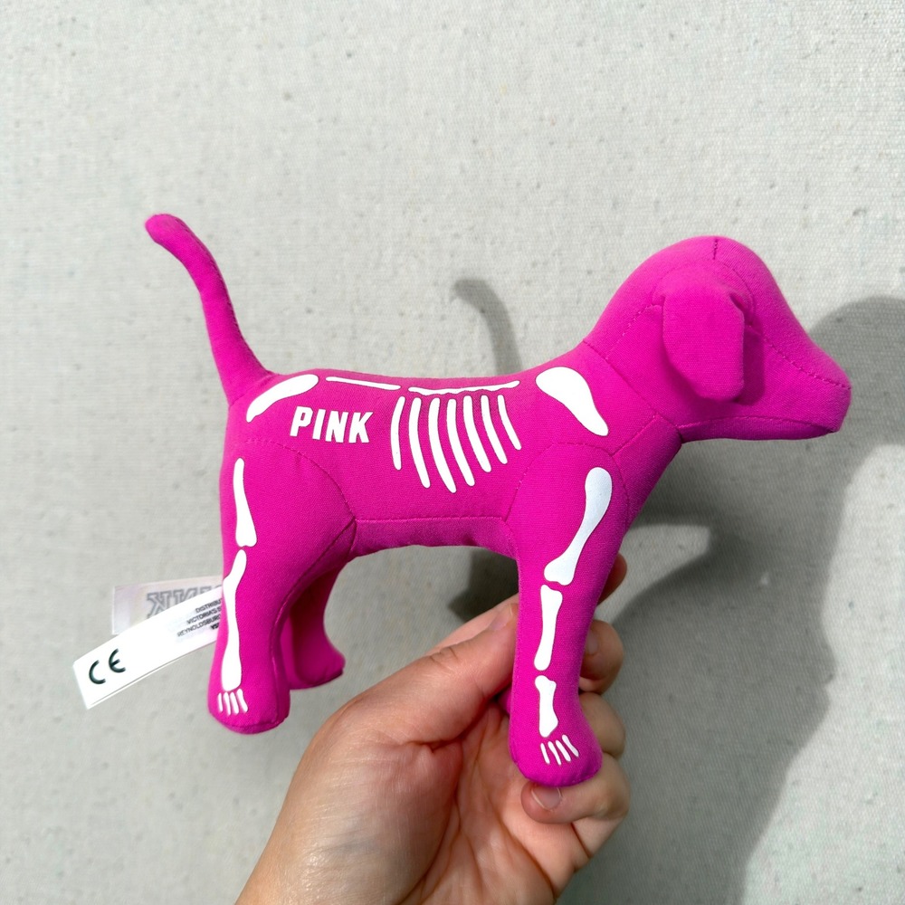 PINK Victorias Secret Skeleton Dog Plush Mascot Pink White Halloween Small
